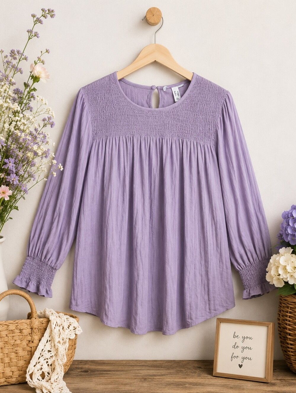 AdditionElle Plus Size 4x; Lavender Smocked Yoke Long-Sleeve Blouse - Women